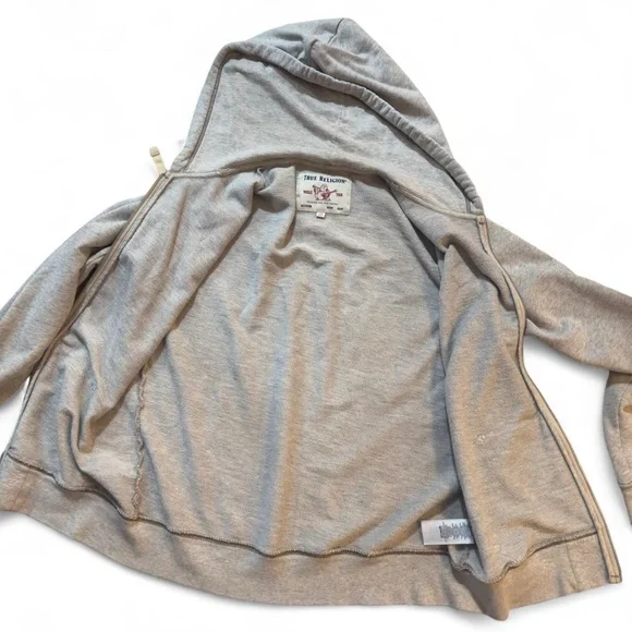 True Religion Light Grey Zip-Up Hoodie with Navy Velvet Logo Graphic — L - Y2K - Picture 5 of 8